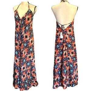 Bhoom Silky Ruffle Hem Halter Maxi Long Dress, One Size Geometric Print